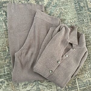Ribbed Knit Cardigan and Pants Set in Taupe